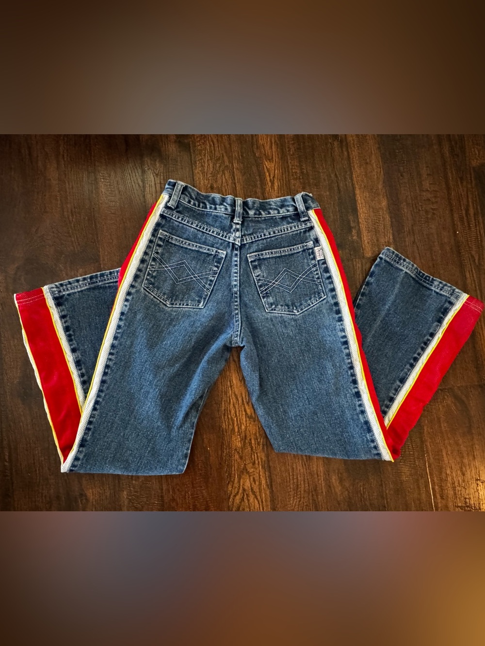 Vintage 90s Revolt Blue Straight-Leg Jeans with Red & Yellow Side Stripes